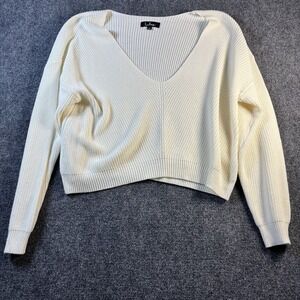 Lulus V-Neck Sweater Women Size L Cream White Ribbed Knit Cropped Cotton Blend
